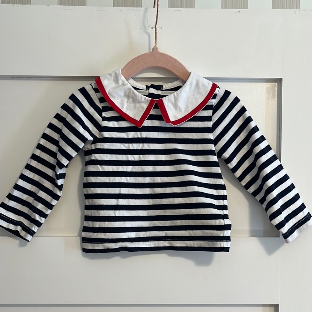 Jacadi Navy and White Striped Long-Sleeve Top with Peter Pan Collar